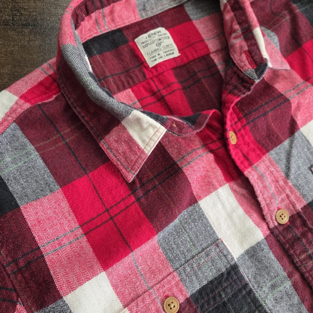 J.Crew Flannel Slim Fit Plaid Shirt Red Black White Size Large